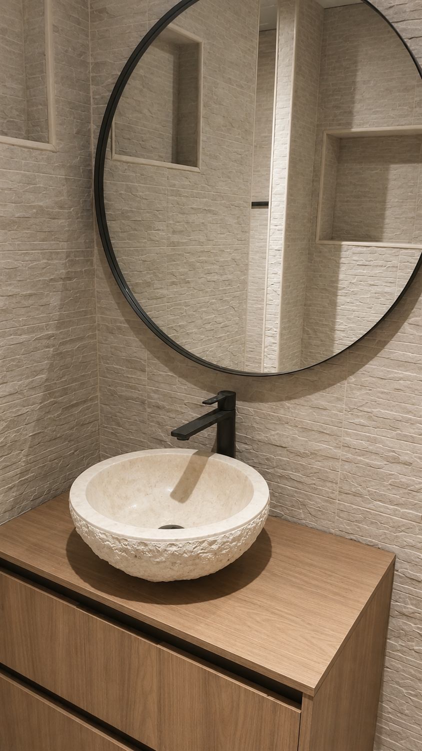 Baño terminado con lavabo de piedra sobre mueble de madera, grifería negra y espejo redondo